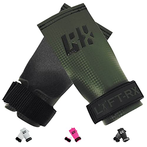 LYFT-RX Carbonfaser Hand Grips - Weightlifting, Cross Train, Pullup, Muscle Ups, Gym, Gewichtheben, Gymnastic Fit, Fingerless Palm Grip, No Hole Lift Gloves, OD Green Groß von LYFT-RX