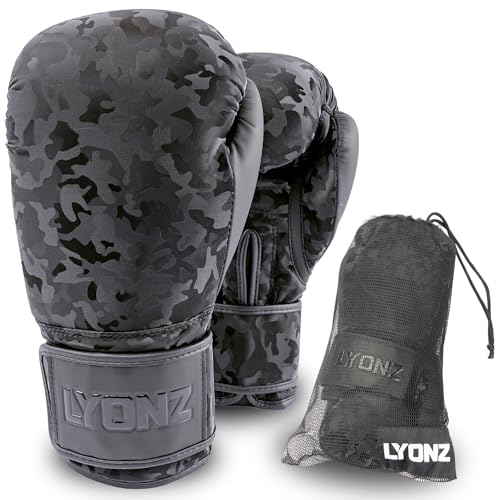 LYONZ Boxhandschuhe mit einzigartigem Sitz und unvergleichbar Langer Haltbarkeit - Camouflage - Männer und Frauen - für Boxen, MMA, Muay Thai, Kickboxen, Sparring - 12 OZ von LYONZ