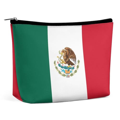 Make-up-Tasche aus PU-Leder, tragbare Kosmetiktasche, mexikanische Flagge, Kulturbeutel für Damen und Herren, Mexikanische Flagge, Einheitsgröße von LZNJZ