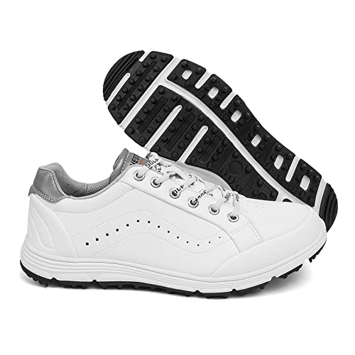 LZQpearl Leder Golfschuhe, wasserdichte Golfschuhe Für Herren, Professionelle rutschfeste Golfschuhe, Outdoor-Turnschuhe Für Golfer, Trainer, Trainer (White,10.5 (9.5 UK)) von LZQpearl