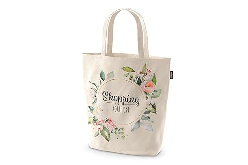La Vida Shopper mit Aufdruck Shopping Queen und Blumen aus Baumwolle in der Größe 30x14x42 cm, 3996611 von La Vida GmbH