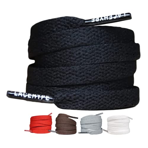 LaceHype 2 Paar - Schnürsenkel falch reißfeste Schuhbänder [8 mm breit ] Ersatz Shoelaces aus Polyester für Sneakers, Sportschuhe, Laufschuhe, Turnschuhe (Schwarz, 150) von LaceHype