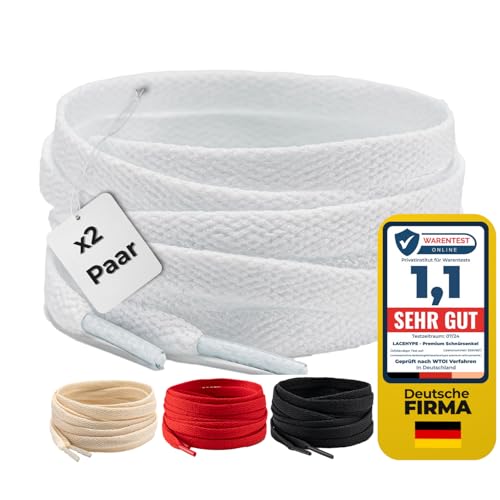 LaceHype 2 Paar - Schnürsenkel falch reißfeste Schuhbänder [8 mm breit ] LC3 Ersatz Shoelaces aus Polyester für Sneakers, Sportschuhe, Laufschuhe, Turnschuhe (Weiß, 130cm) von LaceHype