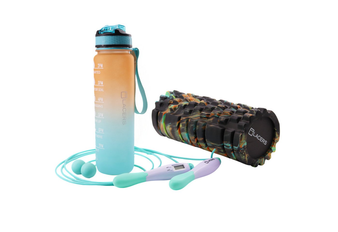 Lacers Springseil Petrolline 3er Fitness-Set aus Faszienrolle, Trinkflasche & Springseil, Massageeffekt, verstellbares Springseil, mit Strohhalm, Zeitmarkierung Lacers Springseil Petrolline 3er Fitness-Set aus Faszienrolle, Trinkflasche & Springseil, Massageeffekt, verstellbares Springseil, mit Strohhalm, Zeitmarkierung von Lacers