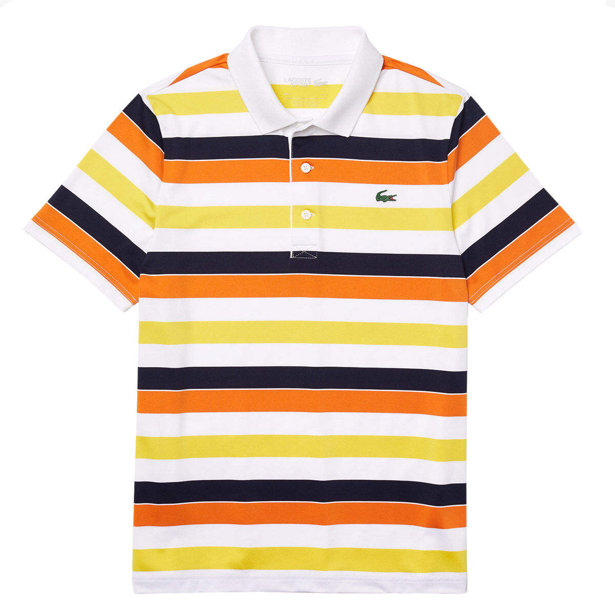 Lacoste Mens White, Navy Blue and Orange Stripe SPORT Breathable Stretch Golf Polo Shirt, Size: Small | American Golf von Lacoste