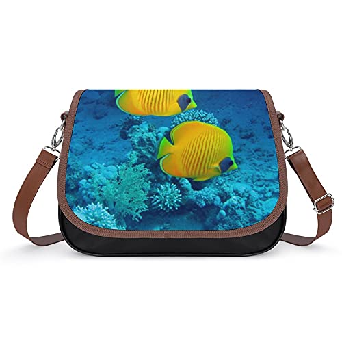 Bedruckte Umhängetasche Leder Schultertasche Damen Designer Handtasche Messenger-Bag für Casual Reisen Schule Korallenfisch gelb von LafalPer