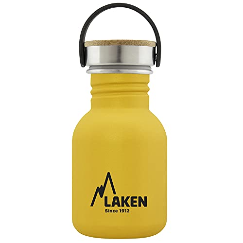 Laken Basic Edelstahlflasche, Trinkflasche Weite Öffnung mit Edelstah Schraubverschluss mit Bambo, BPA frei 0,35L, Gelb von Laken