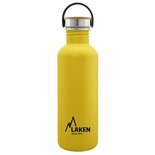 Laken Basic Edelstahlflasche, Trinkflasche Weite Öffnung mit Edelstah Schraubverschluss mit Bambo, BPA frei 1L, Gelb von Laken
