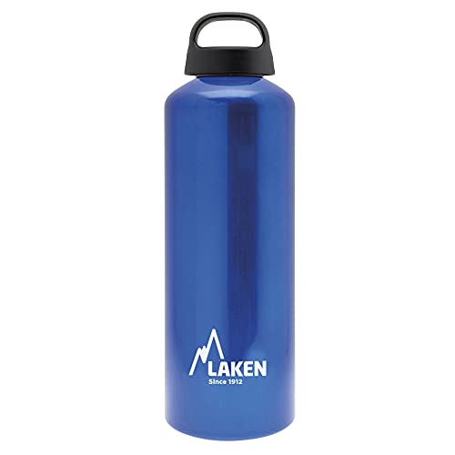 Laken Classic Alu Trinkflasche Weite Öffnung Schraubdeckel mit Schlaufe, BPA frei Aluminiumtrinkflasche, 1L, Blau von Laken