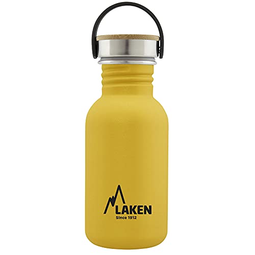 Laken Basic Edelstahlflasche, Trinkflasche Weite Öffnung mit Edelstah Schraubverschluss mit Bambo, BPA frei 0,50L, Gelb von Laken