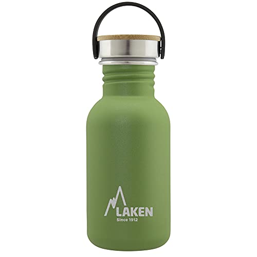 Laken Basic Edelstahlflasche, Trinkflasche Weite Öffnung mit Edelstah Schraubverschluss mit Bambo, BPA frei 0,50L, Olivgrün von Laken