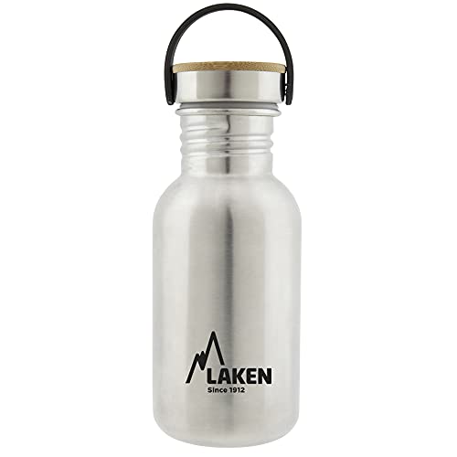 Laken Basic Edelstahlflasche, Trinkflasche Weite Öffnung mit Edelstah Schraubverschluss mit Bambo, BPA frei 0,50L, Silber von Laken
