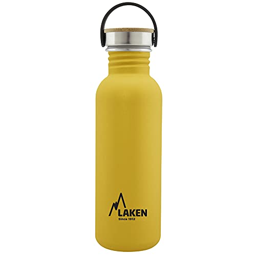 Laken Basic Edelstahlflasche, Trinkflasche Weite Öffnung mit Edelstah Schraubverschluss mit Bambo, BPA frei 0,75L, Gelb von Laken