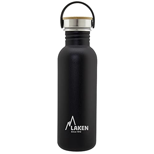 Laken Basic Edelstahlflasche, Trinkflasche Weite Öffnung mit Edelstah Schraubverschluss mit Bambo, BPA frei 0,75L, Schwarz von Laken