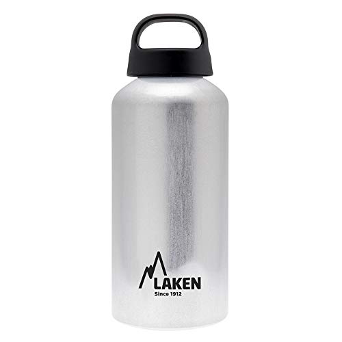Laken Classic Alu Trinkflasche Weite Öffnung Schraubdeckel mit Schlaufe, BPA frei Aluminiumtrinkflasche, 600ml, Silber von Laken