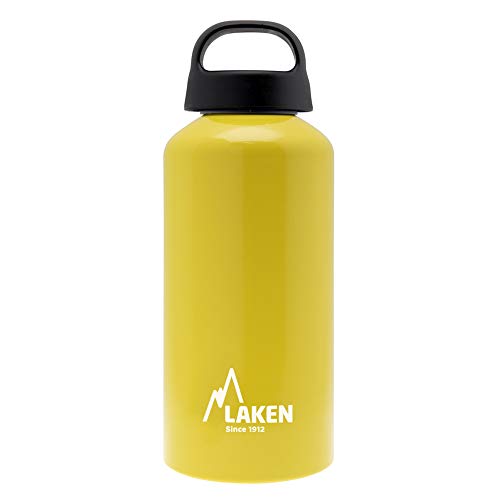 Laken Classic Alu Trinkflasche Weite Öffnung Schraubdeckel mit Schlaufe, BPA frei Aluminiumtrinkflasche, 600ml, Gelb von Laken