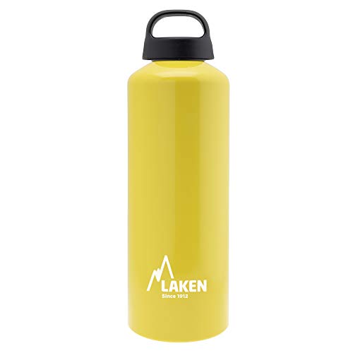 Laken Classic Alu Trinkflasche Weite Öffnung Schraubdeckel mit Schlaufe, BPA frei Aluminiumtrinkflasche, 1L, Gelb von Laken