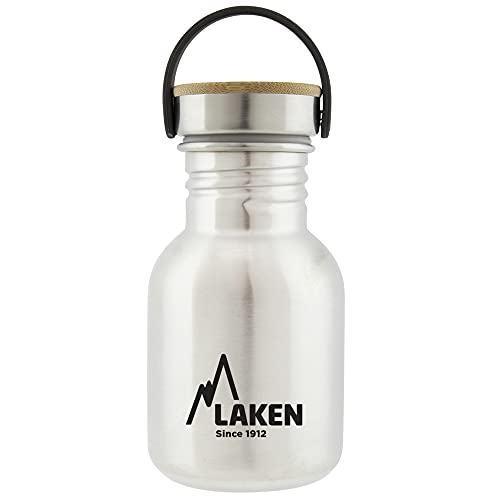 Laken Basic Edelstahlflasche, Trinkflasche Weite Öffnung mit Edelstah Schraubverschluss mit Bambo, BPA frei 0,35L, Silber von Laken