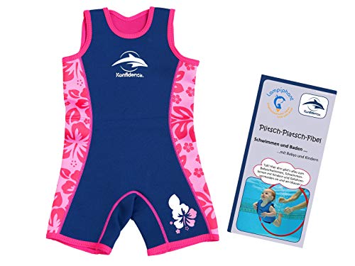 Lampiphant® + Konfidence Warma Wetsuit, Kinder-Badeanzug aus Neopren mit Plitsch-Platsch-Fibel, rosa Blumen, Größe 2-3 Jahre von Lampiphant