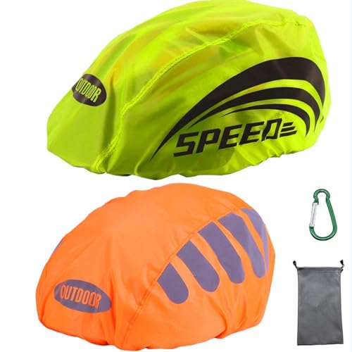 LandJoy Helmüberzug Fahrradhelm Regenschutz Fahrrad Helm Cover Regen mit Reflektoren Elemente, Wasserdicht Windabweisend Atmungsaktiv (1 * grün，1 * orange) von LandJoy