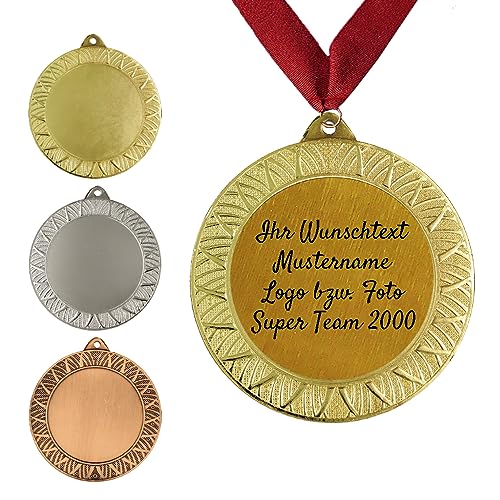 Personalisierte Medaille aus Metall in Gold, Silber & Bronze Farbe, mit Wunschtext, Foto und Logo (mit Halsband, Gold) von Larius
