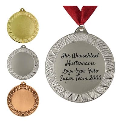 Personalisierte Medaille aus Metall in Gold, Silber & Bronze Farbe, mit Wunschtext, Foto und Logo (mit Halsband, Silber) von Larius