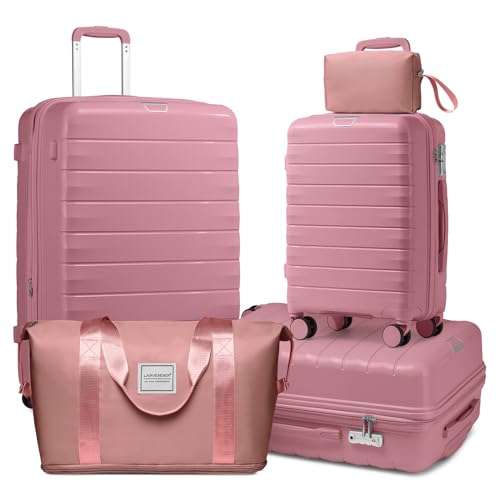 Larvender Luggage Sets 5 Piece with Duffel Bag Expandable(Only 28 inch) Hardside PP Carry on Luggage with 360° Spinner Wheels TSA Lock for Men Women, Pink von Larvender