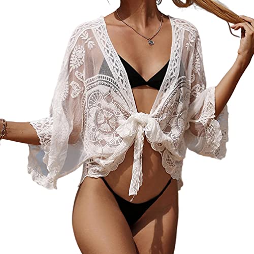 Frauen Spitze Cardigan Sheer Badeanzug Cover Up Kimino Beachwear Sheer Hollow-Out Cover-Up Sommer Lange Kimono Cardigan Offene Front Badeanzug Cover Up Für Damen Lang von Laspi
