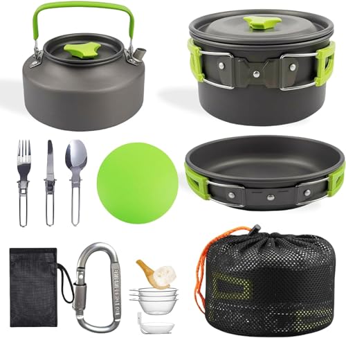 Laspi Camping Kochgeschirr Set,16 Teilige Outdoor Geschirr Set mit Camping Topf, Camping Bratpfanne und Teekannen für Camping Outdoor Kochen Wandern Reisen von Laspi