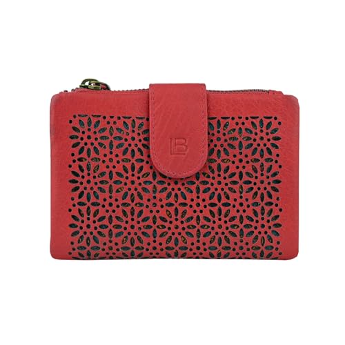 Laura Biagiotti Damen-Geldbörse aus echtem Leder, perforiert mit geometrischem Blumenmuster, kompakt, mit Box, rot, Modern von Laura Biagiotti