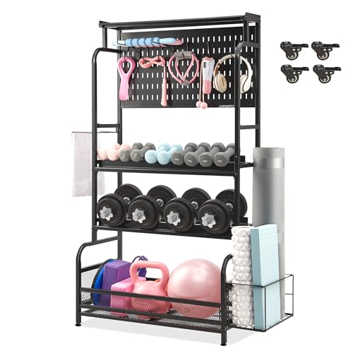142,2 cm großer Aufbewahrungs-Organizer für Zuhause, Yoga-Matte, Aufbewahrungsregal mit Aufhängebrett, Trainingsgerät, Ständer für Heim-Fitnessstudio, Hantelhalter, Kugelhantelständer mit Rollen und von Lauren Harold