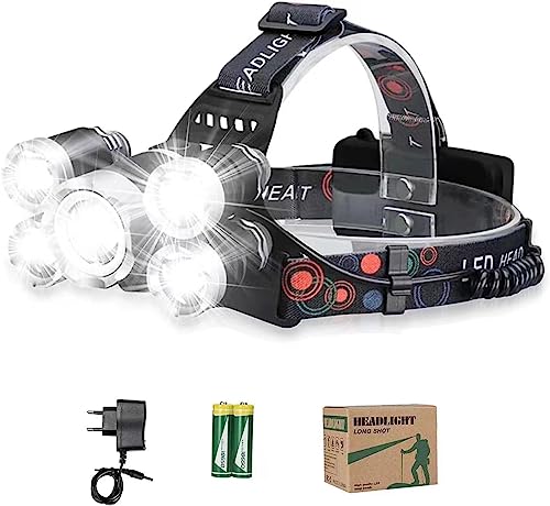 Lavcus Stirnlampe LED Superheller, Kopflampe 12000 Lumen 5 LED 4 Modi inkl. USB Kabel mit 18650 Batterie, Ideal Für Retten Camping Angeln Klettern Wandern von Natseekgo