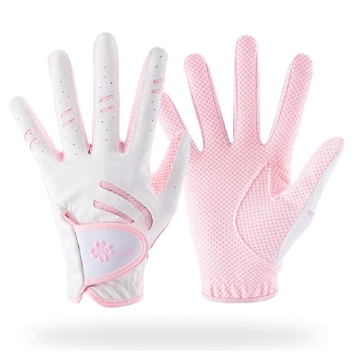 A Paar Kinder Golfhandschuhe Junior Golfhandschuhe Leder Elastisches Gewebe Atmungsaktiver rosa Golfhandschuh Links- und Rechtshänder Golfhandschuh Golf Zubehör für Kinder von Lawaia