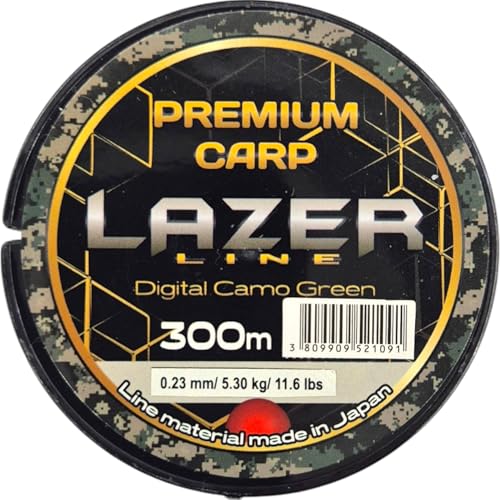 LAZER LINE Premium CARP Monofil Angelschnur 300m Dia 0,23mm Test 5,3kg - Camo Grün Schnur - Method Feeder Karpfen Angeln - Grundangeln - Monofilament Angelsehne - Nylonfaden Vorfach – Vorfachschnur von Lazer Line