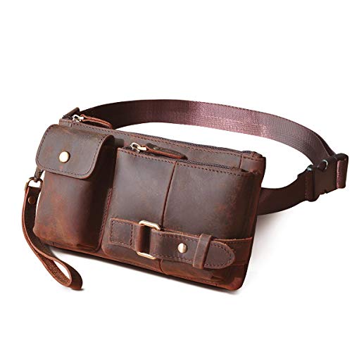 Le’aokuu Herren Echtes Leder Hüfttasche Brusttasche Bauchtsche Crossbody Bag Sling Bag Schultertsche Wandern Brustbeutel 8135 (8135 Braun 3) von Le'aokuu