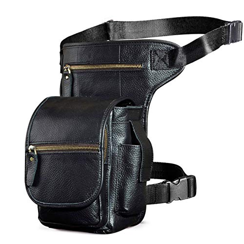 Le'aokuu Herren Echtes Leder Tasche Beinbeutel Beintasche Außenbeintasche Hüfttasche Drop Leg Thigh Bag Radfahren Tasche 3110 (3110 B Schwarz) von Le'aokuu