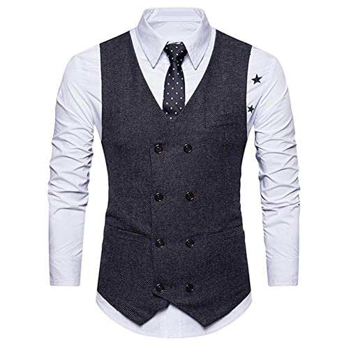 LeDiYouGouLIN Herren Western Weste - Vintage Männer Ärmellose Doppelreihige Fischgrät Twill Weste Business Formal Jacke Weste Büro Hochzeit Herrenbekleidung,Schwarz,S von LeDiYouGouLIN