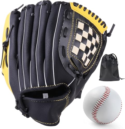 LeapBeast Baseball Handschuhe, Softball Handschuhe mit 1 Ball, Baseball Training Wettbewerb Handschuh Verdicken Dauerhaft Softballhandschuhe für Kinder Erwachsene (Schwarz-Gelb, 10,5 Zoll) von LeapBeast