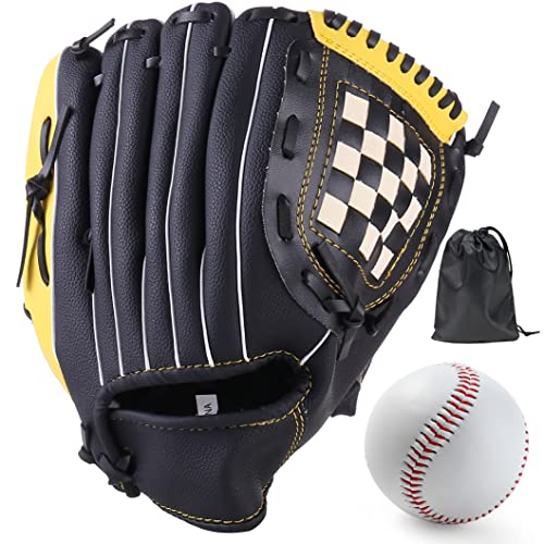 LeapBeast Baseball Handschuhe - Softball Handschuhe mit Einem Ball, Erwachsenen Baseball Training Wettbewerb Handschuh Verdicken Dauerhaft für Kinder Erwachsene (Schwarz-Gelb, 12,5 Zoll) von LeapBeast