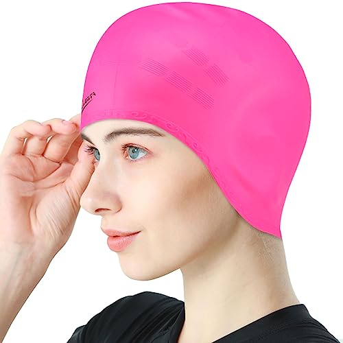 LEDEAK Badekappe mit 3D Ohrschutz, rutschfeste wasserdichte Silikon Schwimmkappe, Unisex Bademütze Erwachsene Swimming Cap für Kurzes/Langes Haar (Rosa) von Ledeak