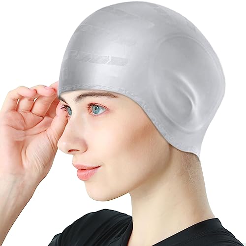 Ledeak Badekappe mit 3D Ohrschutz, rutschfeste wasserdichte Silikon Schwimmkappe, Unisex Bademütze Erwachsene Swimming Cap für Kurzes/Langes Haar(Grau) von Ledeak