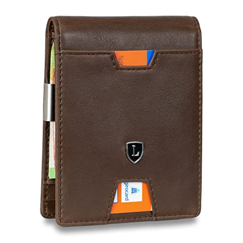 Lederhand® iSlim - Glattleder Geldbeutel mit Geldklammer und Münzfach, 9 Kartenfach Premium Geldbörse - Slim Wallet mit RFID NFC Schutz - Farbe | (Dunkelbraun) von Lederhand