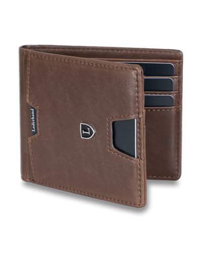 Lederhand® Anao Wallet– Premium Leder Geldbörse handgemacht für Herren und Damen Portemonnaie Aluminium Kartenhalter mit Münzfach und Scheinfach - Platz für 8 Karten mit RFID NFC Schutz (Dunkelbraun) von Lederhand