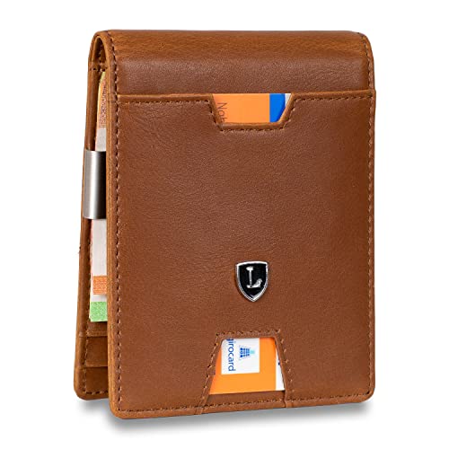 Lederhand® iSlim - Glattleder Geldbeutel mit Geldklammer und Münzfach, 9 Kartenfach Premium Geldbörse - Slim Wallet mit RFID NFC Schutz - Farbe | (Hellbraun) von Lederhand