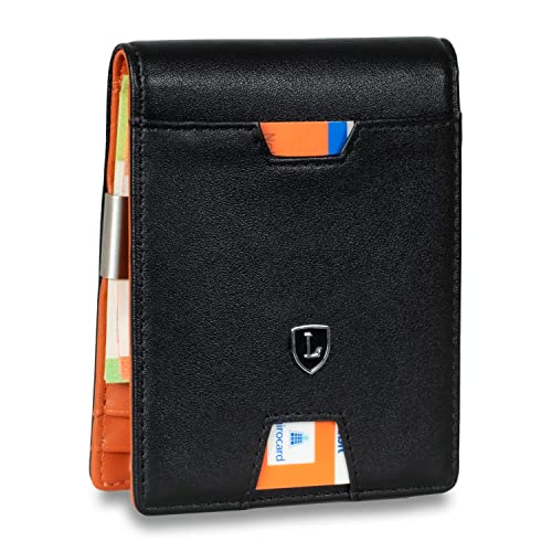 Lederhand® iSlim XL - Nappa Leder Geldbeutel mit Geldklammer und Münzfach, 13 Kartenfach + 1 Sichtfenster Premium Geldbörse - Slim Wallet mit RFID NFC Schutz - Farbe | (Schwarz/Orange) von Lederhand