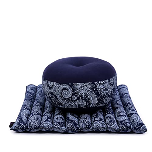 Leewadee Meditationsset Yogaset aus Meditationskissen Zafu und Kleiner rollbarer Sitzmatte Zabuton Ökologisches Naturprodukt, Kapok, Blau Weiß von Leewadee