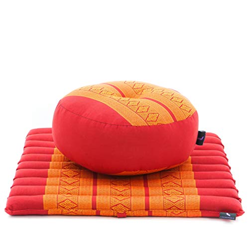 Leewadee Meditationsset Yogaset aus Meditationskissen Zafu und Kleiner rollbarer Sitzmatte Zabuton Ökologisches Naturprodukt, Kapok, Orange Rot von Leewadee