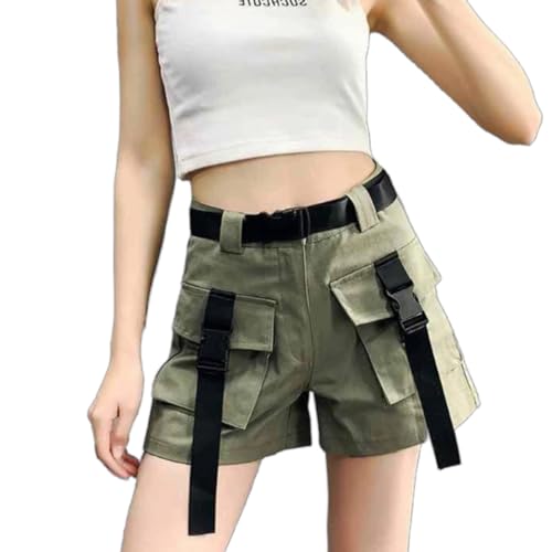 Left Girl Cargo-Shorts Frauen Harajuku Streetwear Hohe Taille Taschen Gürtel Breite Bein Shorts Koreanische Lose Beiläufige Kurze Hosen,Armeegrün,XXL von Left Girl