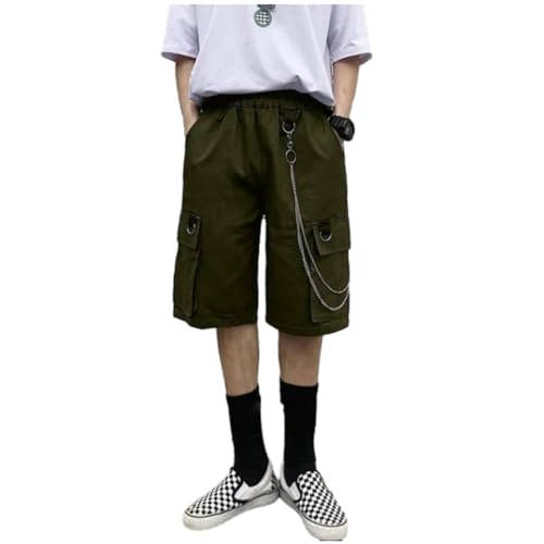 Left Girl Casual Lose Cargo-Shorts Frauen Harajuku Hip Hop Punk Große Tasche Breite Bein Mode Kette Hohe Taille Jogger Kurze Hosen,Armeegrün,S von Left Girl