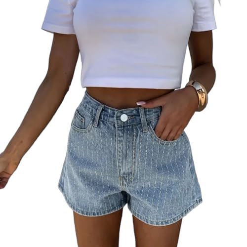 Left Girl Frauen Gerade Jeans Shorts Hose Sommer Mode Taste Solide Club Party Hose Casual Tasche Lose Hosen,Blau,S von Left Girl